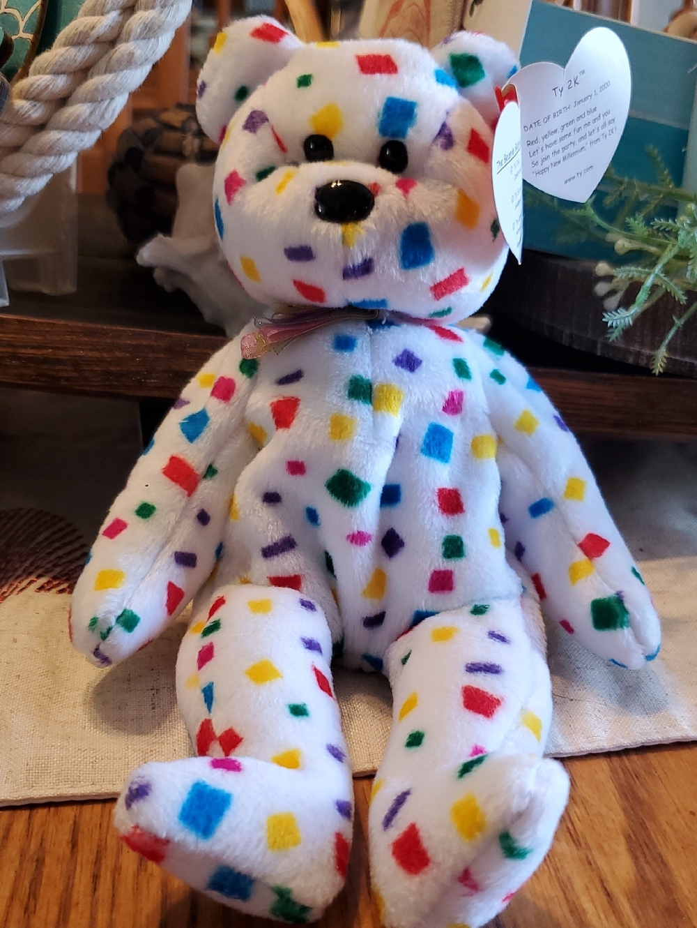 Ty Y2K White Bear with Multicolor Confetti Squares